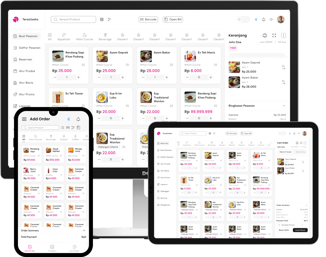 SUN POS product preview across a desktop, phone, and tablet