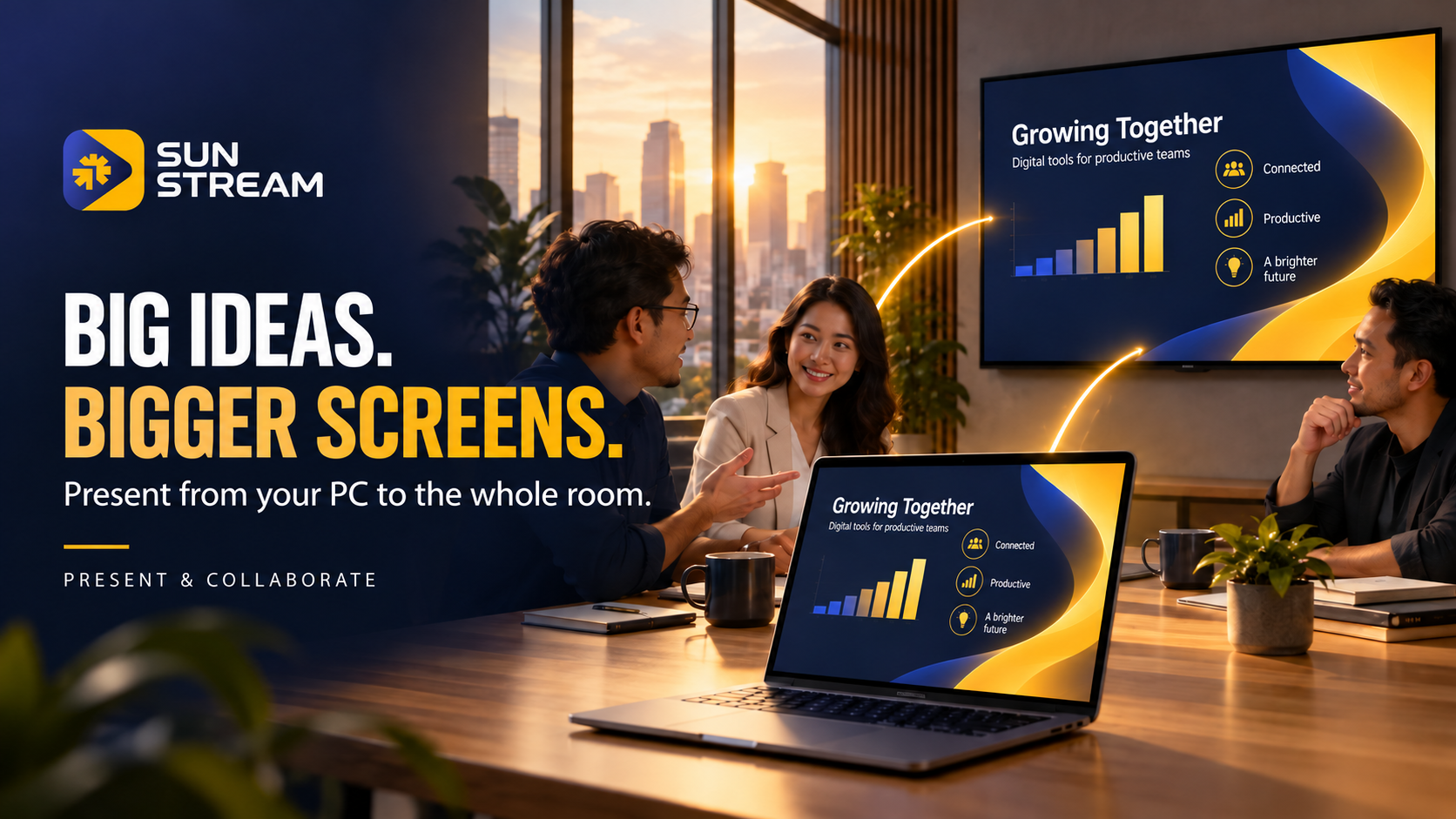 SUN Stream promotional illustration of a PC presentation shared with a meeting room screen